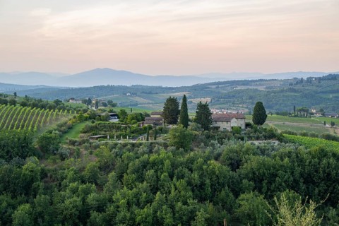 Tuscan landscape next to greve in Chianti and Montefioralle, country estate with vineyards,