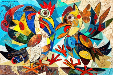 Cubist representation of a cock fighting, AI generated