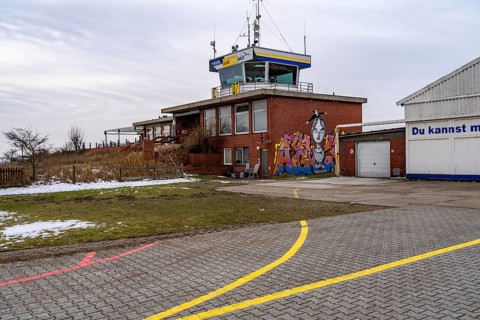 The East Frisian North Sea island of Juist in winter, Juist airfield, airfield, tower, Lower