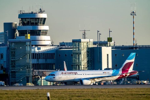 Eurowings Airbus aircraft on the taxiway, apron of Düsseldorf International Airport, old air
