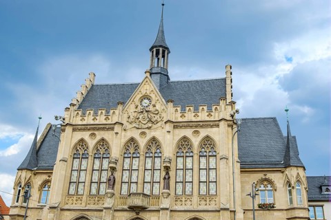 Upper part of the main façade of Erfurt Town Hall at the fish market in the historic city centre of