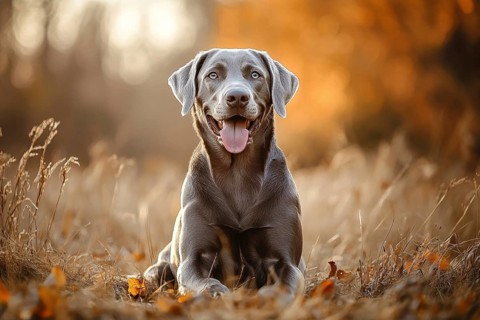 Beautiful silver or blue Labrador dog with fur color caused by dilute gene in dry grass. Generative