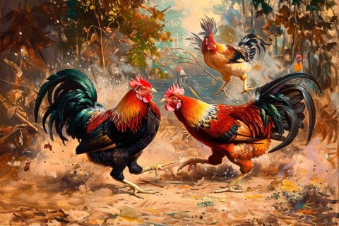 Surrealist representation of a cock fighting, AI generated