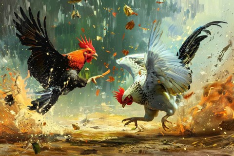 Surrealist representation of a cock fighting, AI generated
