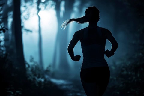 SIlhouette of back view of young woman jogging alone in dark forest at dawn. Generative AI, AI