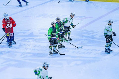 Ice hockey players in green and red jerseys stand on the ice, Heilbronner Falken Vs Bietigheimer