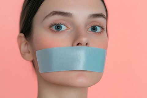 Young woman silenced with gray tape over her mouth in front of pink studio background. Generative