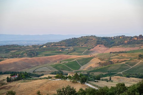 Hilly landscape in Tuscany, view from the upper city wall of Montepulciano, Tuscany, Italy, Europe