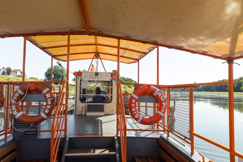 Ferry trip across the Elbe between Riesa and Promnitz, Saxony, Germany, Europe