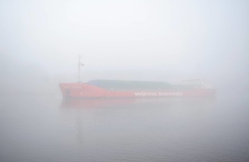Cargo ship Lady Anneke sailing in fog in the Kiel Canal, NOK, Kielkanal, Kiel Canal,