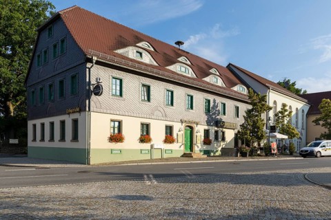 Municipal office, Erbgericht restaurant and hall on the village square in Rammenau, Saxony,