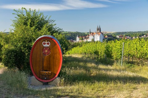 Viewpoint Am Boxberg with wine barrel and Albrechtsburg Castle with cathedral, Katzenstufen,