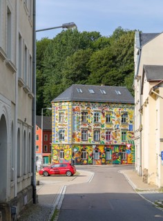 Neustädter Straße with fisherman Art House, Sebnitz, Saxony, Germany, Europe