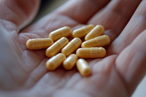 Hand holding many medical capsule pills. Generative Ai, AI generated
