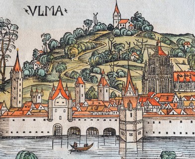 Medieval town view, Ulm or Ulma, Danube, old coloured woodcut from: Schedel'sche Weltchronik,