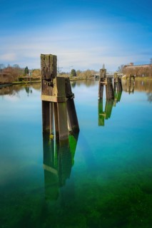 View of mooring facilities in the branch canal at the Linden harbour lock, long exposure, waterway,