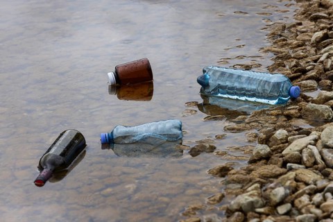 Environmental pollution, Household waste washed up on the lake shore, Plastic and glass bottles,