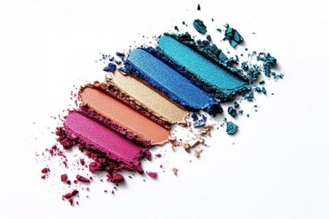 Different colored eyeshadow makeup sample swatches in a row on white background. Generative AI, AI