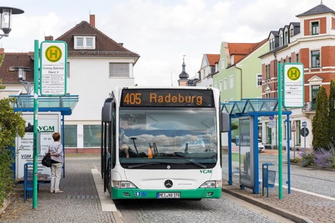 A bus on route 405 of the VGM travelling in the direction of Radeburg at the bus station in Coswig,