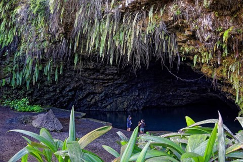 Grotto, filled with water, plants, different, various, three tourists, Grottes De Mara'a, Paea,