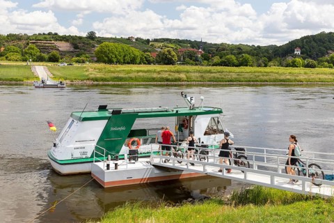 Cyclists use the Stolzenfels Elbe ferry between Niederlommatzsch and Diesbar-Seußlitz, Saxon