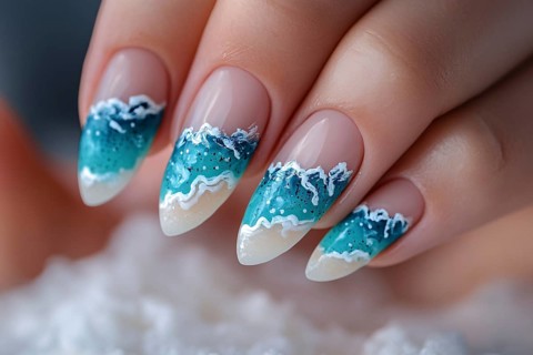 Woman's fingernails with summer ocean nail art design. Generative Ai, AI generated