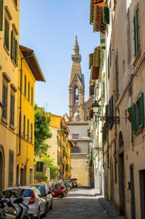 View of a street with Church Santa Croce in Florence, tower, UNESCO World Heritage Site, Tuscany,