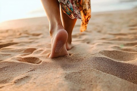 Woman's bare feet walking on sand on sunny beach. Generative AI, AI generated