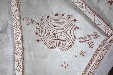 DNK, Funen, Fyn, Hesselager village church, Early Middle Ages, Interiör, ceiling, lime painting,