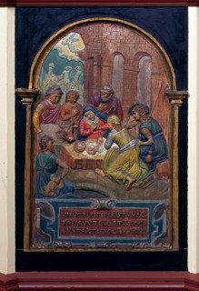 Relief panel in the baptismal font with the Christmas motif of the Adoration of the Shepherds, 2nd