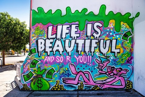 Pink Panther mural, Fremont Street, Downtown, Las Vegas, Nevada, USA, North America