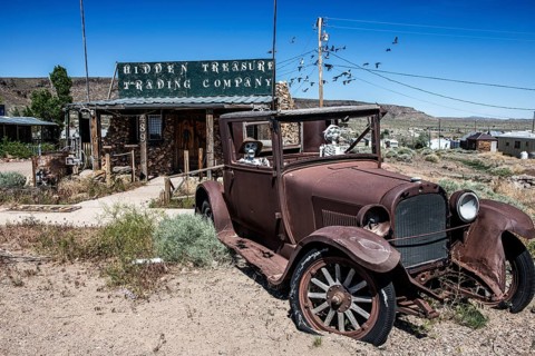 Fort T model with skeletons in the ghost town of Goldfield, Nevada, USA, North America