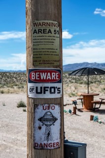 Warning sign UFOs, Area 51, Aliens, Rachel, Extraterrestrial Highway, Nevada, USA, North America