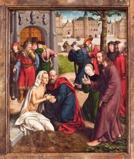 High altar (1488-1506), wing by Jan Joest (1505-1509), Raising of Lazarus with Kalkar town hall in