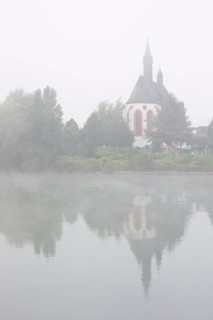 Island church, view from the east in the fog