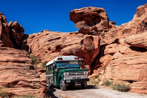 Motorhome at Atlatl Rock Campground, Valley of Fire State Park, Nevada, USA, North America