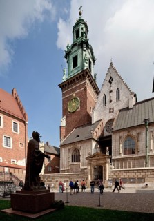 Wawel Cathedral, west gable and north-west tower, monument to Pope John Paul II on the left, St.,