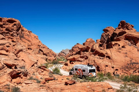 Motorhome at Atlatl Rock Campground, Valley of Fire State Park, Nevada, USA, North America