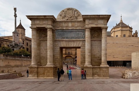 Cordoba, Puerta del Puente. Field side left Triumphal column of St Rafael right Dome of the mosque