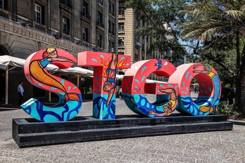 Work of art in the Plaza de Armas, Santiago de Chile, Chile, South America