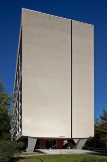Built in 1957 for INTERBAU, building supported on sloping columns on the ground floor, south-facing