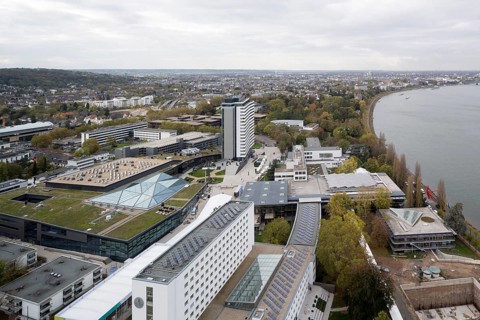 View of the Federal Palace and Congress Centre from the former Langer Eugen tower block to the