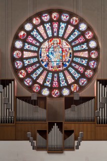 Chancel with Marian rosette, stained glass window by Ernst Jansen-Winkeln, St., Sankt, Saint