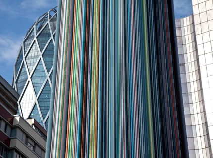 Ventilation chimney, 1990-95 by Raymond Moretti, encased in hundreds of coloured fibreglass tubes
