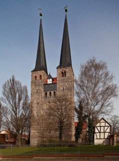 Burg near Magdeburg, lower church of St Nicolai. from the west, double tower complex with multiple