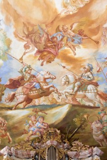 Ceiling painting in the nave: duel of knights on horseback above the organ, St., Saint, Saint