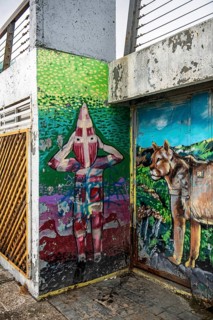 Mural with cultural ritual grove and Cougar, Punta Arenas, Chile, South America