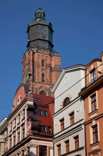 Tower storeys above baroque and classicist gabled houses, St., Sankt, Saint