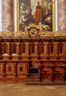 South choir stalls. Baroque monastery church from 1766, St., Sankt, Saint