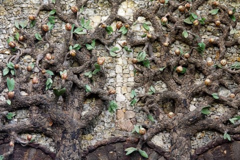 Garden of Redemption, chapel with the theme of redemption from evil, gable field with two trees of